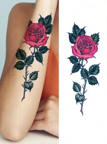1 張防水臨時紋身貼紙,附玫瑰圖案,適合手臂、腿部、人體藝術,持續 2-5 天,男女通用 - 黑色 - 查看 1