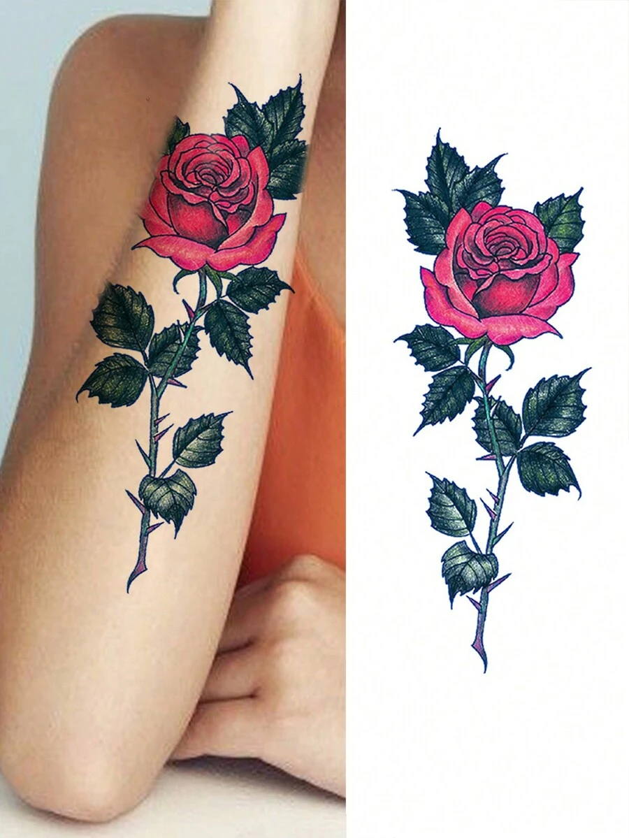 1 張防水臨時紋身貼紙,附玫瑰圖案,適合手臂、腿部、人體藝術,持續 2-5 天,男女通用 - 黑色 - 查看 1
