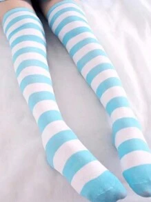 1双条纹过膝长袜，适合女性、女孩、角色扮演、洛丽塔、朋克、JK风、Y2K风格，舒适百搭 - 藍色 - 查看 4