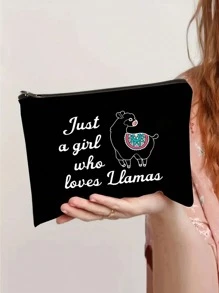 羊驢卡通圖案手拿包,化妝包,拉鍊化妝包,多功能收納袋 - 黑色 - 查看 2