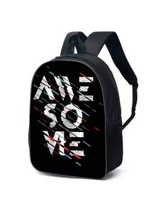 1個中性款式的聚酯纖維拉鍊時尚背包,帶字母印花,適合全年使用的學校背包 - 黑與白 - 查看 1