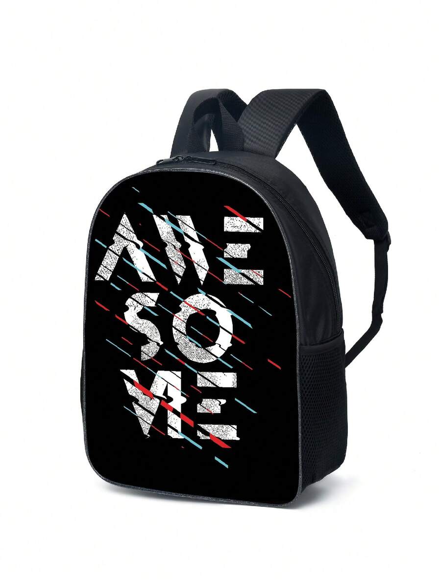 1個中性款式的聚酯纖維拉鍊時尚背包,帶字母印花,適合全年使用的學校背包 - 黑與白 - 查看 1