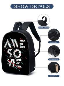 1個中性款式的聚酯纖維拉鍊時尚背包,帶字母印花,適合全年使用的學校背包 - 黑與白 - 查看 6