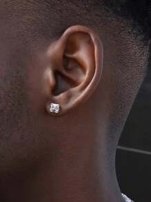 CVNANA 2pcs Hip Hop Style Men's Square Diamond Stud Earrings With Geometric Design - Silver - View 3