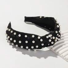 1pc Corduroy Solid Color Macaron & Y2k Style Pearl Headband - Hot Pink - View 11