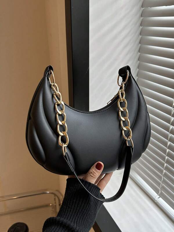 Minibolso de media luna de moda, 1 pieza, con decoración sólida de cadena de acrílico, PU, resistente y portátil, elegante bolso de hombro con cremallera adecuado para que las niñas lo usen en viajes y uso diario