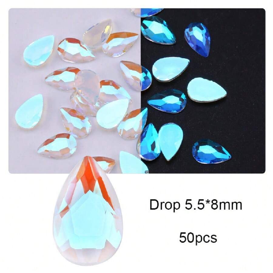 1pc Electroplated Rainbow Ab Color Nail Art Flat Back Asymmetrical Rhinestone, 50pcs/Pack - Light AB5.5*8 Water Droplets - View 1