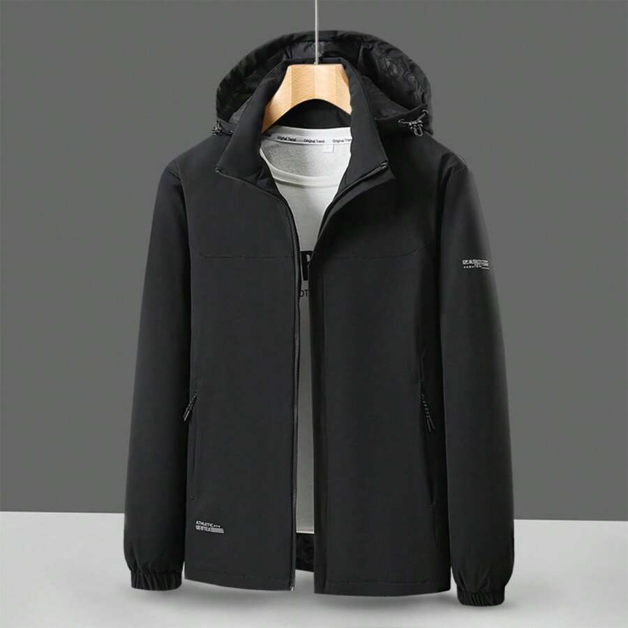 Men's Outdoor Lightweight Waterproof Windproof Detachable Hooded Padded Coat, Warm, Breathable, Scratch-Resistant With Elastic Cuffs & Personalized Letter Print - Black - View 1