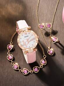 1 件可愛女孩手錶、1 件手鍊、1 件項鍊、1 件戒指、1 對耳環套裝 - 送給朋友的娛樂禮物 - 粉色 - 查看 3