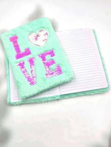 1本a5卡通毛絨封面筆記本帶愛心閃爍,適用於女性,學校禮物,日記 - 藍色 - 查看 3