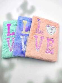 1本a5卡通毛絨封面筆記本帶愛心閃爍,適用於女性,學校禮物,日記 - 藍色 - 查看 4