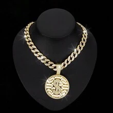 1個歐美流行風格圓形標籤美元符號吊墜項鍊,獨特設計,由t形鑲嵌方形鑽和金色符號嘻哈墜飾項鍊組成,製成合金 - 美元符號吊墜 - 查看 17