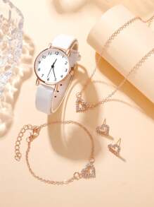 5pcs/Set Fashionable & Simple Women'S Watch And Heart Shaped Jewelry Set - White - View 2