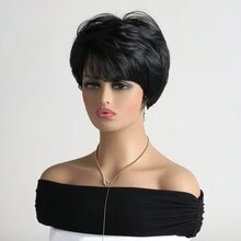 女式時尚 10 吋短卷合成假髮,黑色,有瀏海,適合日常佩戴 - 黑色 - 查看 3