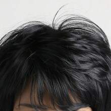 女式時尚 10 吋短卷合成假髮,黑色,有瀏海,適合日常佩戴 - 黑色 - 查看 7