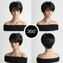 女式時尚 10 吋短卷合成假髮,黑色,有瀏海,適合日常佩戴 - 黑色 - 查看 2