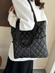 Casual Large Capacity Lightweight Fashionable Shoulder Tote Bag With Grids, For Autumn And Winter - Black - View 5