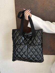 Casual Large Capacity Lightweight Fashionable Shoulder Tote Bag With Grids, For Autumn And Winter - Black - View 3