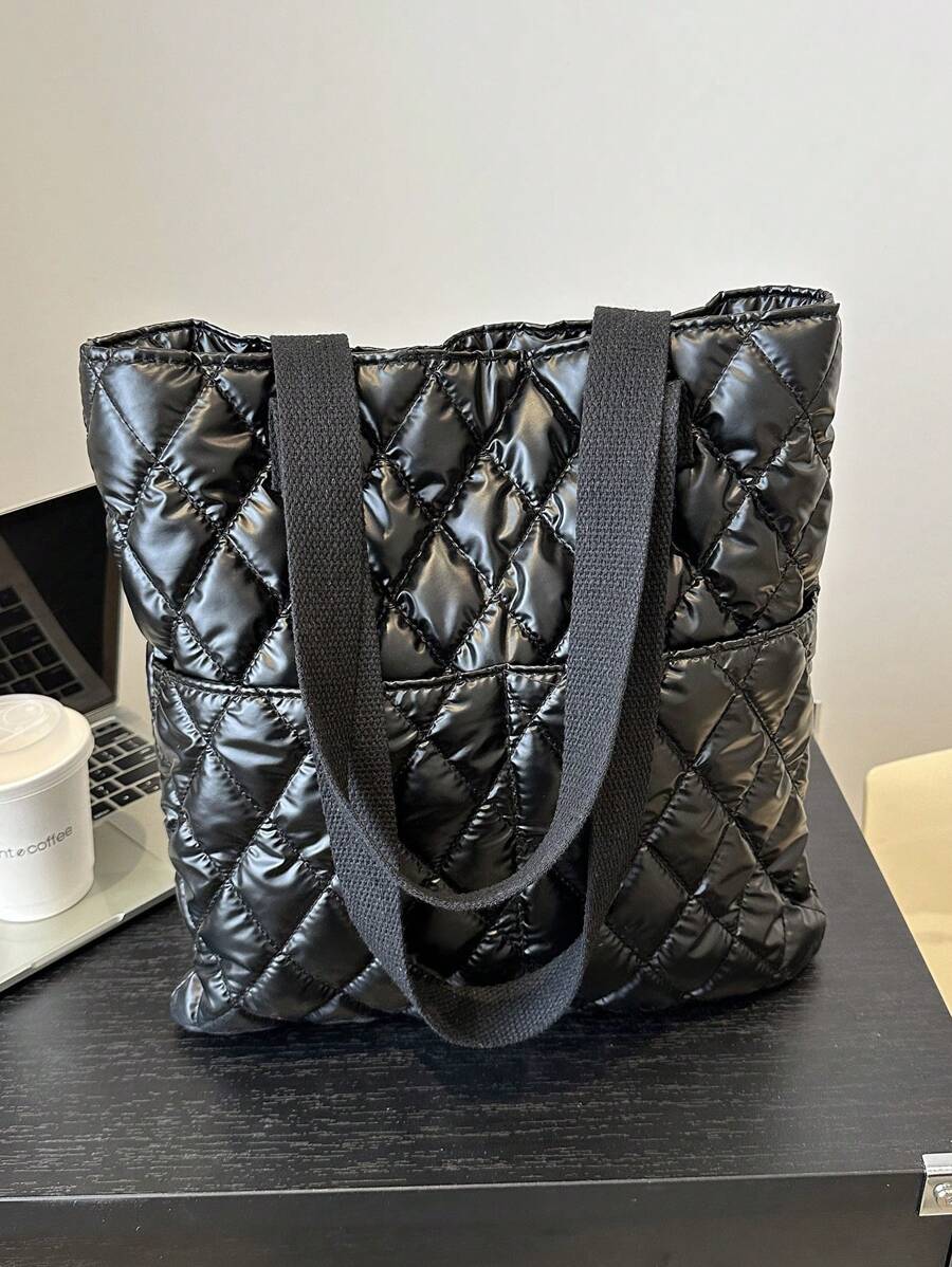 Casual Large Capacity Lightweight Fashionable Shoulder Tote Bag With Grids, For Autumn And Winter - Black - View 1