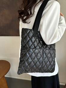 Casual Large Capacity Lightweight Fashionable Shoulder Tote Bag With Grids, For Autumn And Winter - Black - View 4