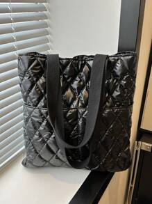 Casual Large Capacity Lightweight Fashionable Shoulder Tote Bag With Grids, For Autumn And Winter - Black - View 8