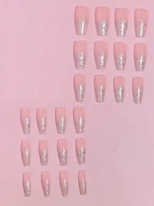 VV MEI JIA ER Get Glamorous With 24pcs Light Nude Pink Press On Nails, Long Almond Glitter Ombre Full Cover Fake Nail Set Nail Supplies - Baby Pink - View 3