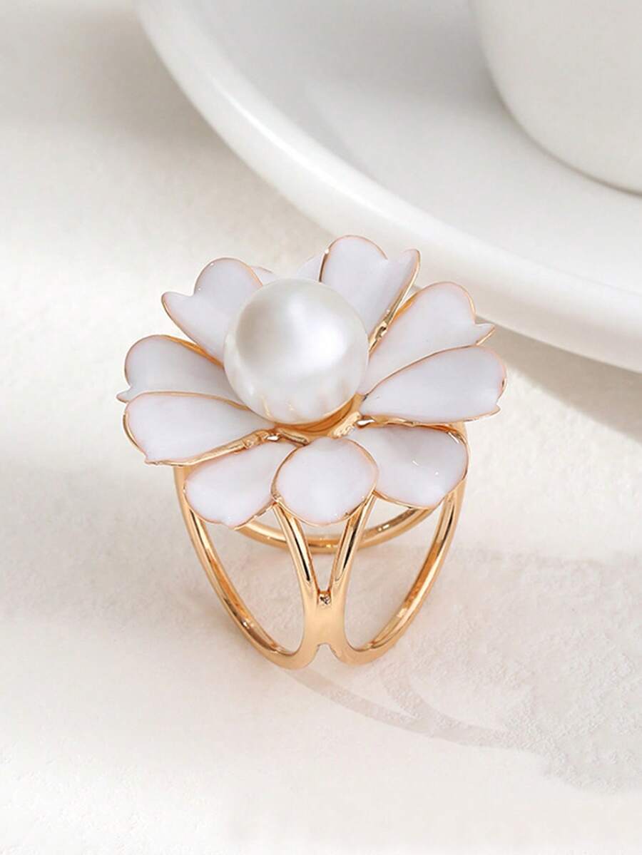 Korean Simple Camellia Triple Loop Scarf Buckle, Brooch, Shawl Pin With Pearl Detail For Women - White - View 1