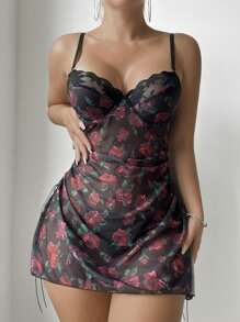 女士玫瑰印花撞色蕾丝吊带露肩连衣裙，性感睡衣，外出必备