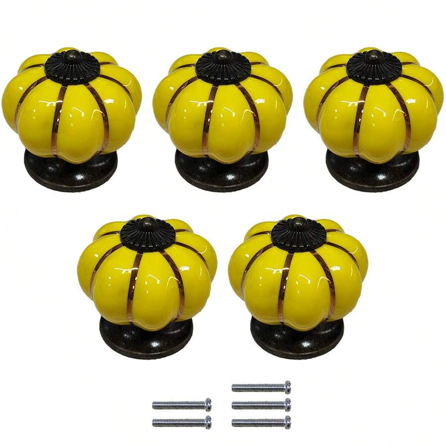 5入組/套鄉村風格卡通陶瓷南瓜形抽屜把手,適用於兒童房間,櫥櫃門的單手抽屜把手 - 黃色 - 查看 1