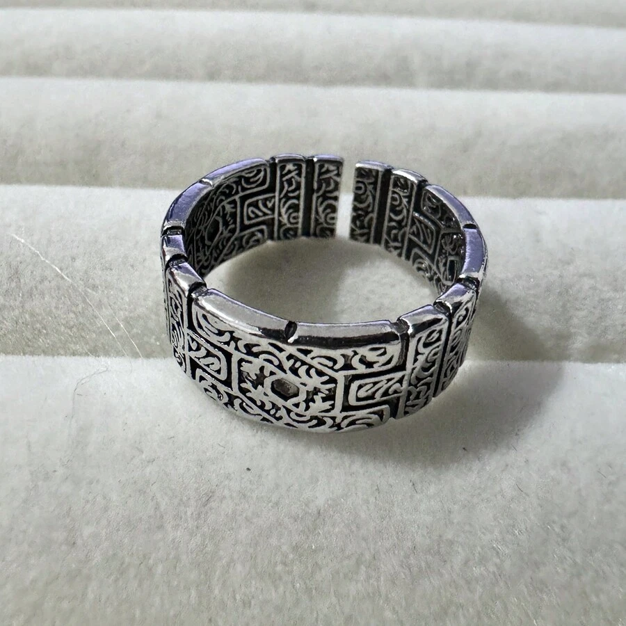 復古泰式銀草圖案戒指,男女通用開口戒指,帶編織帶 - 復古銀色 - 查看 1