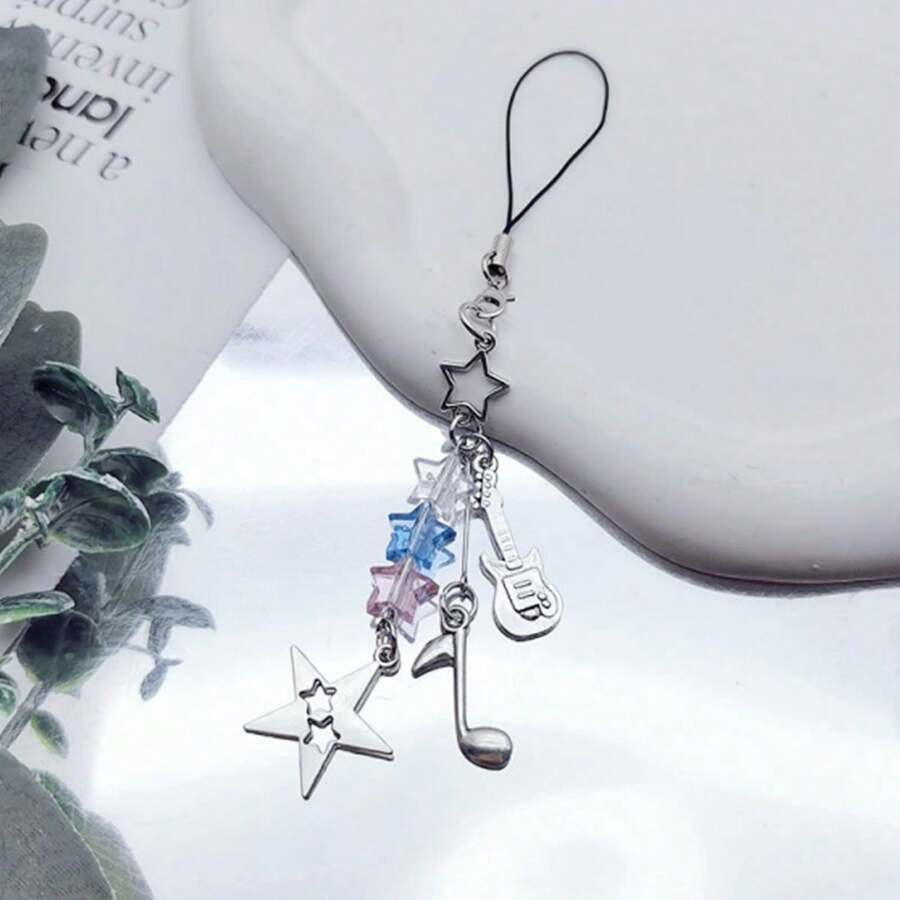 Pentagram Musical Note Guitar Shaped Mobile Phone Charm - Blue - View 1