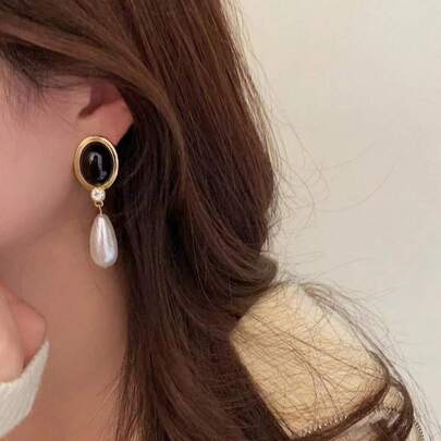 1對歐美風格復古黑色仿珍珠水滴吊墜耳環,簡約百搭,女性日常佩戴耳釘