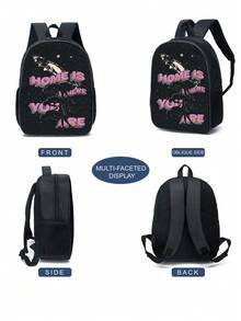 1入男女童時尚字母印花聚酯纖維背包,拉鍊設計,適合全年學校使用 - 黑色 - 查看 5