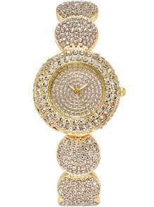 2pcs/Set Fashionable Quartz Watch With Full Rhinestone And Stainless Steel Band, Plus Bracelet For Women As A Gift For Students Returning To School - Gold - View 5