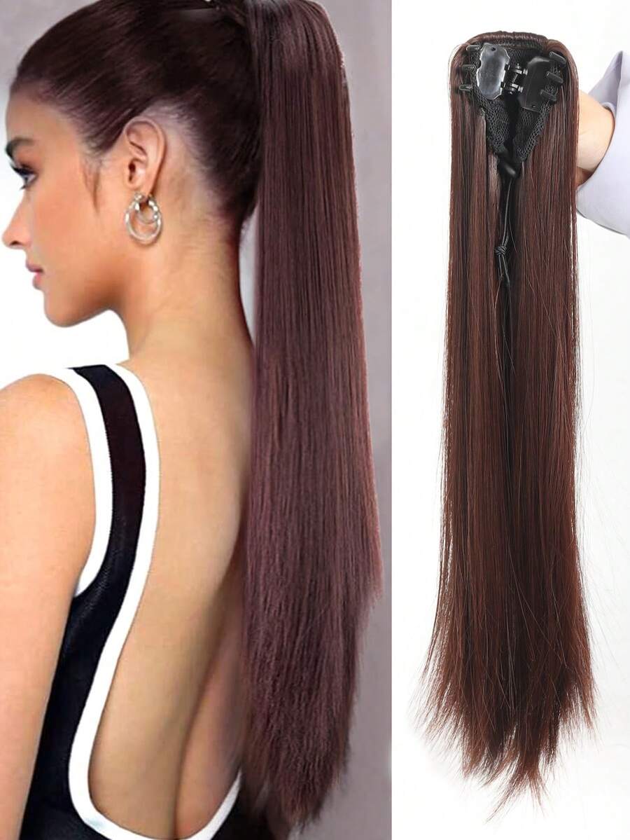 合成纖維假髮夾片馬尾 - Dark Brown - 查看 1