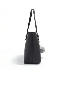 復古純色手提包,帶毛球掛飾,大容量肩袋,女性pu皮手提包,適用於辦公室、學校、購物等 - 黑色 - 查看 5