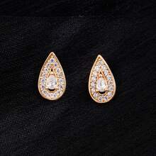 1對時尚簡約經典的水滴形狀金色立體美鑽耳針,適用於女性日常佩戴 - 金黃色 - 查看 5