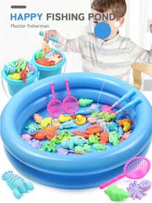 1套兒童游泳池釣魚玩具套裝,學齡前磁性釣魚遊戲套裝,附籃子,游泳池玩具 - 藍色 - 查看 2