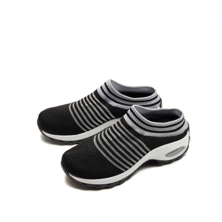 Women's Half-Slippers, Sporty Knitted Air Cushion Socks With Shock Absorption, Slip On Shoes For Dancing And Casual Outings - Black and White - View 1