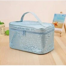 Letter Detail Cosmetic Organizer, Versatile Travel Toiletry Bag Makeup Box With Handle - Blue - View 1