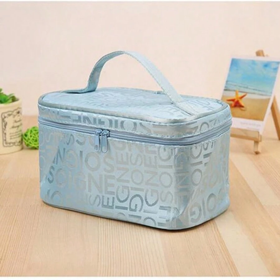 Letter Detail Cosmetic Organizer, Versatile Travel Toiletry Bag Makeup Box With Handle - Blue - View 1