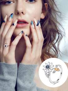 3Pcs Fidget Rings For Anxiety For Women Cubic Zirconia Adjustable  Ring Calming Worry Meditation Anxiety Ring With Beads Stress Relief Ring Set - Silver - View 7