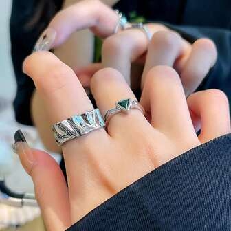 2 件/套不对称纹理设计可调节开口戒指，时尚简约风格