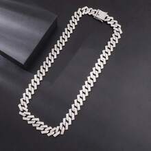 1pc Rhombus Full Diamond Necklace, Double Row Inlaid With Encrypted Cubic Zirconia, Hip Hop Silver Street Style Men's Accessory - White - View 2