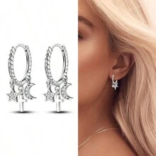 1pair Minimalist Women's Earrings, Silver-Cubic, Zirconia & Anti-Allergic Cross Moon Star Design, Fashion Birthday Gift - Silver - View 1