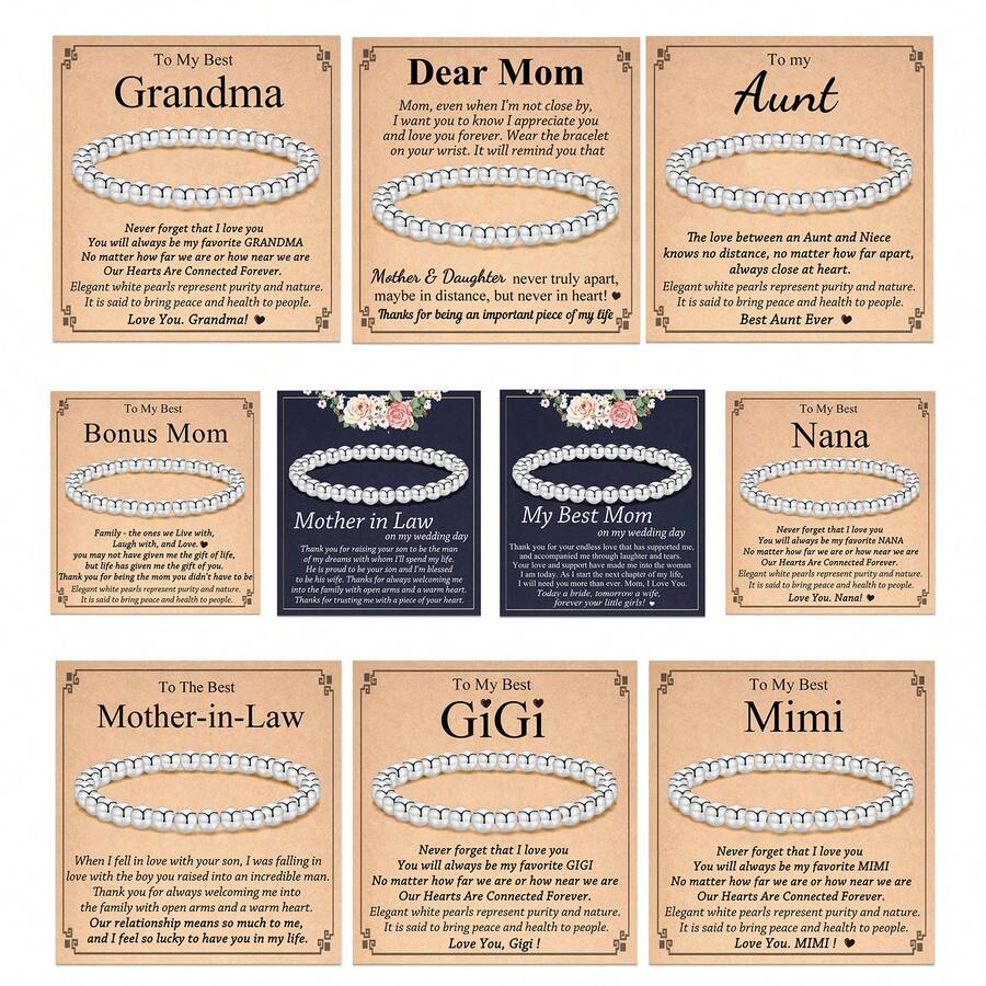 1 件串珠球手链，适合女士，送给妈妈、婆婆、阿姨、奶奶、娜娜、咪咪、吉吉的生日、圣诞节、母亲节、婚礼、日常佩戴的礼物 - 銀色 - 查看 1