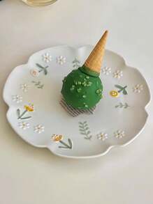 1pc Delicate Ceramic Plate With Daisy Relief & Lace Edge Design, French Style Dessert/Salad Plate, Suitable For Restaurant & Home Decor Christmas Gift