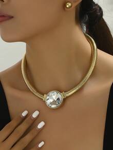 1 Set Of Exaggerated Fashion Crystal Snake Bone Chain Circle Earrings Necklace - Gold - View 1