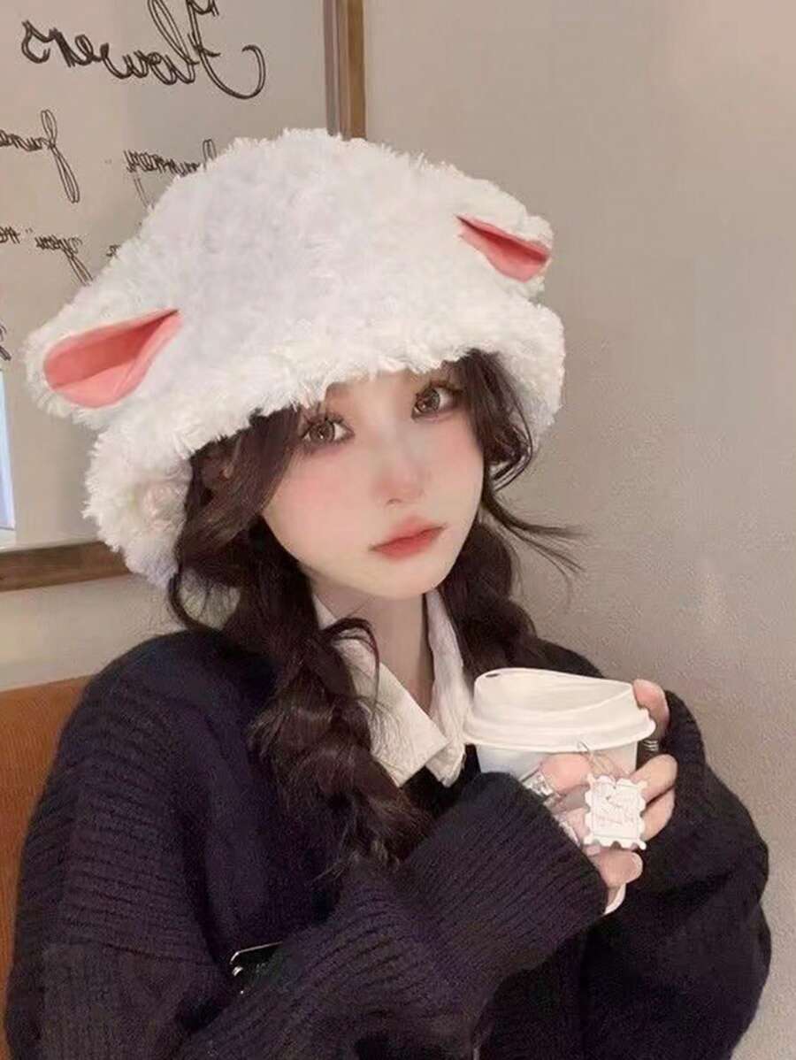 1pc 手工冬季小羊羔洛丽塔帽子小红书羊耳朵渔夫帽奶白色可爱小羊咩咩锅帽 - 白色 - 查看 1