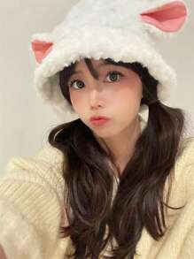 1pc 手工冬季小羊羔洛丽塔帽子小红书羊耳朵渔夫帽奶白色可爱小羊咩咩锅帽 - 白色 - 查看 3
